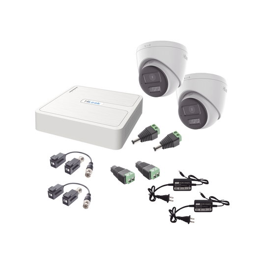 Kit HiLook Audio Bidireccional TurboHD 1080p / DVR 4 Canales / 2 CÃ¡maras Turret (Exterior) con Bocina y MicrofÃ³no Integrado / 2 Fuentes de Poder / Accesorios
