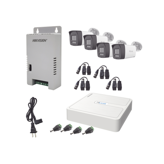 Kit HiLook Audio Bidireccional TurboHD 1080p / DVR 4 Canales / 4 CÃ¡maras Bala (Exterior) con Bocina y MicrÃ³fono Integrado / 1 Fuente de Poder / Accesorios