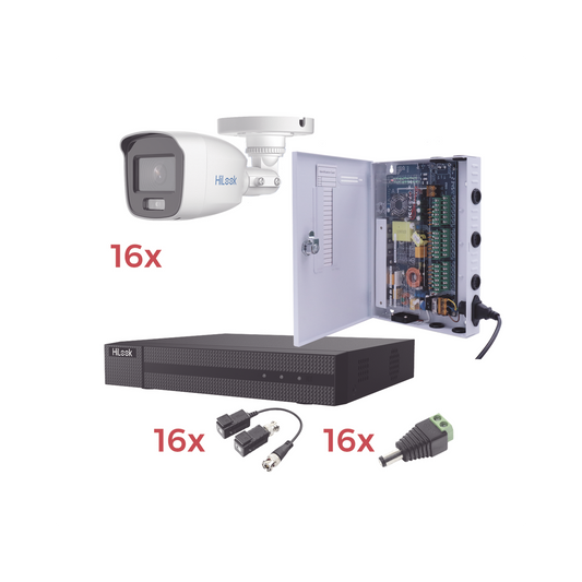 Kit TurboHD 1080p Lite / DVR 16 Canales / 16 CÃ¡maras Bala Exterior ( 2.8mm) con ColorVu + MicrÃ³fono Integado / Transceptores / Conectores / Fuente de Poder Profesional
