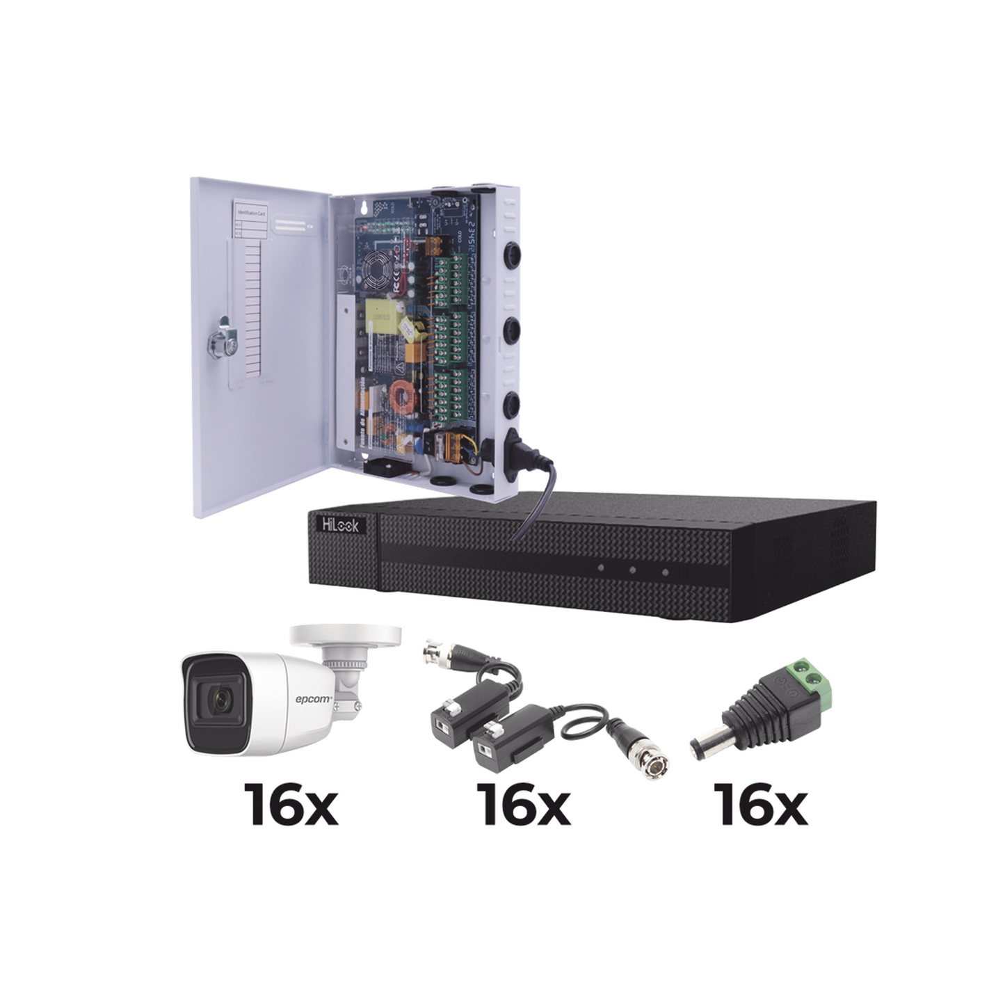 KIT TurboHD 1080p / DVR 16 Canales / 16 CÃ¡maras Bala Policarbonato con Microfono (exterior 2.8 mm) / Transceptores / Conectores / Fuente de Poder Profesional